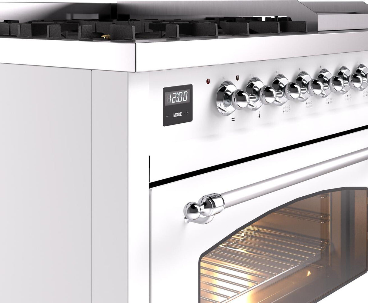 Nostalgie II 48 Inch Dual Fuel Liquid Propane Freestanding Range in White with Chrome Trim