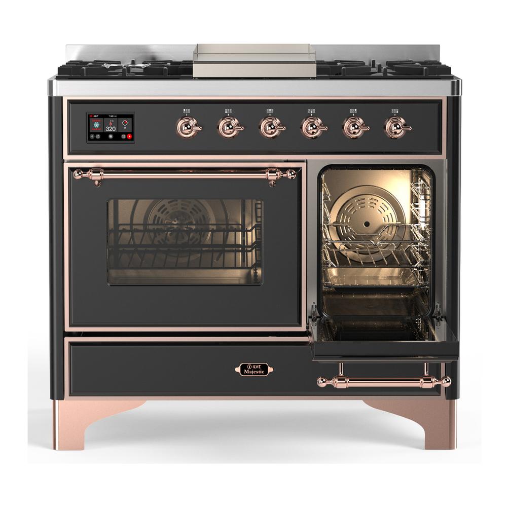 ILVE UMD40FNR3MGPLP Majestic III 40 inch Dual Fuel Range with 6 Burners and Griddle, Dual Function Burner up to 25,000 BTU (Liquid Propane, Triple Glass Door, Graphite Matte, Copper)