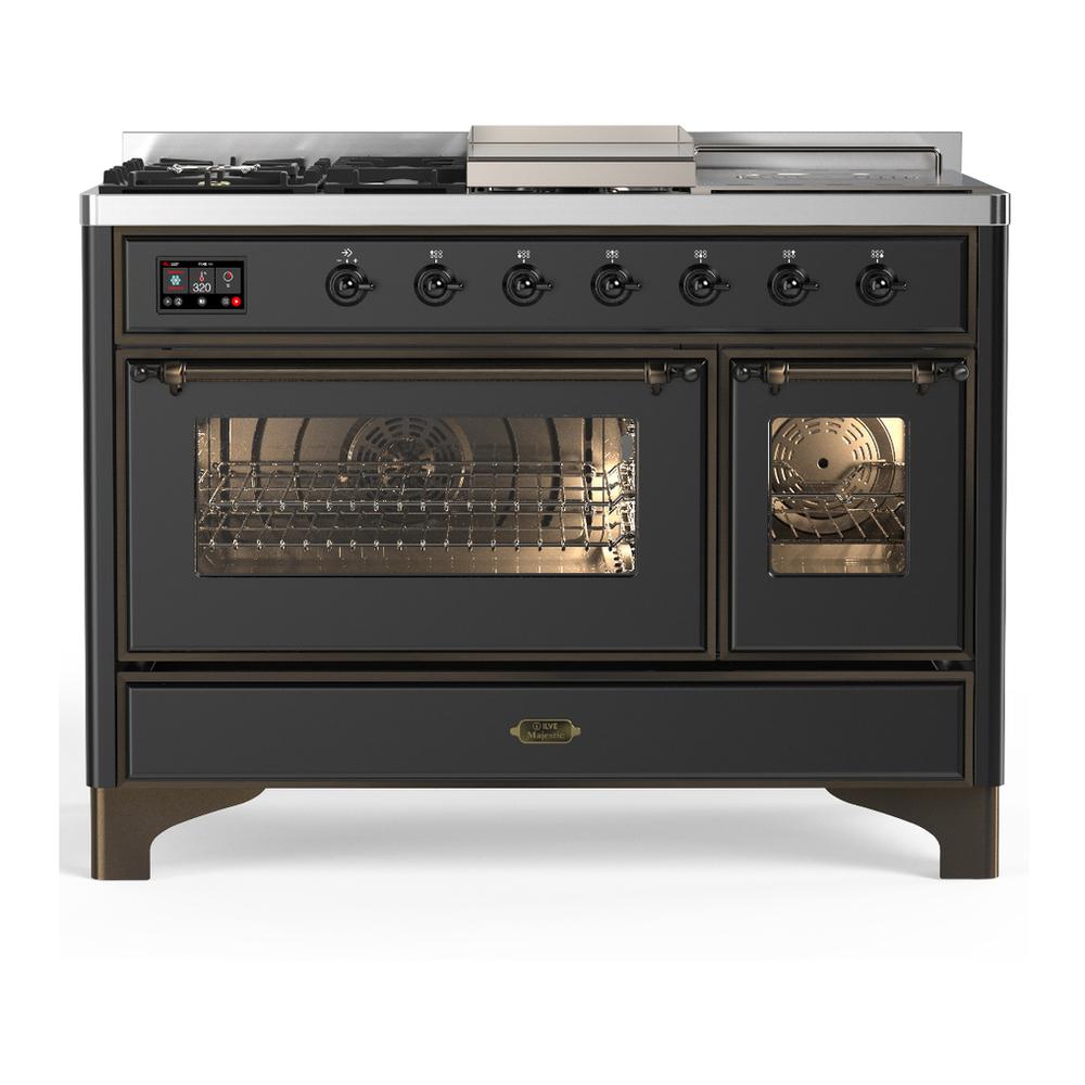 ILVE UM48FSNR3MGBLP Majestic III 48 inch Dual Fuel Range with 5 Black Brass Burners, Griddle and French Top, Dual Function Burner up to 25,000 BTU (Liquid Propane, Triple Glass Door, Graphite Matte, Burnished)