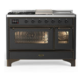 ILVE UM48FSNR3MGBLP Majestic III 48 inch Dual Fuel Range with 5 Black Brass Burners, Griddle and French Top, Dual Function Burner up to 25,000 BTU (Liquid Propane, Triple Glass Door, Graphite Matte, Burnished)
