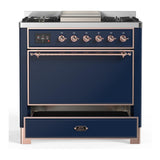 ILVE UM36FQNR3MBPLP Majestic III 36 inch Dual Fuel Range with 6 Black Brass Burners and Griddle, Dual Function Burner up to 25,000 BTU (Solid Door, Midnight Blue, Copper, Liquid Propane)