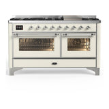 ILVE UM60FNR3AWC Majestic III 60 inch Dual Fuel Range with 9 Burners and Griddle, Dual Function Burner up to 25,000 BTU (Natural Gas, Triple Glass Door, Antique White, Chrome)