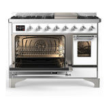 ILVE UM48FNR3WHC Majestic III 48 inch Dual Fuel Range with 8 Burners and Griddle, Dual Function Burner up to 25,000 BTU (Natural Gas, Triple Glass Door, White, Chrome)