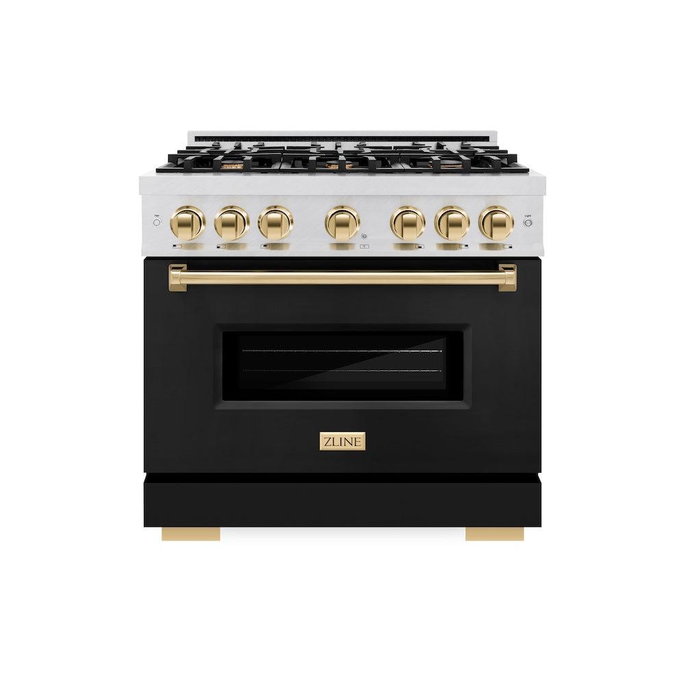 ZLINE Autograph Edition 36 in. 5.2 cu. ft. Classic Dual Fuel Range with 6 Burner Gas Cooktop and Electric Convection Oven in DuraSnow' Stainless Steel with Black Matte Door and Polished Gold Accents (CDRSZ-BLM-36-G)