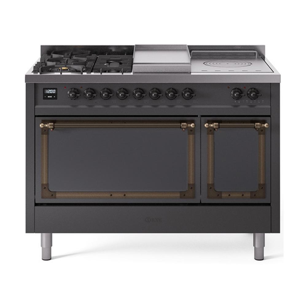 ILVE UN48FSQNMPMGB Nostalgie II Noblesse 48 inch Dual Fuel Range (5 Sealed Burners + Griddle + French Top, Natural Gas, Solid Door, Graphite Matte, Burnished)