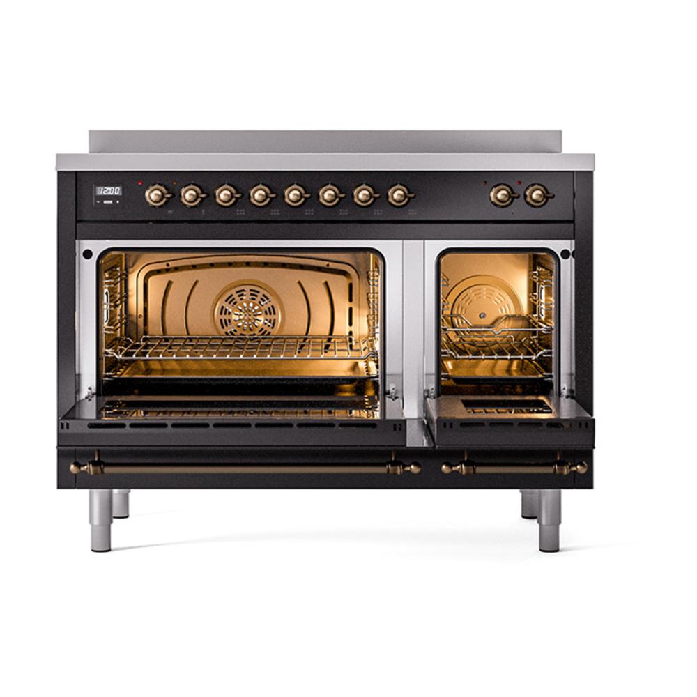 ILVE UNI486NMPBKB Nostalgie II Noblesse 48 inch Induction Range (Triple Glass Door, Glossy Black, Burnished)