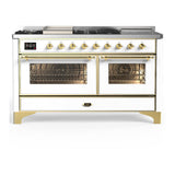 ILVE UM60FSNR3WHGLP Majestic III 60 inch Dual Fuel Range with 7 Burners, Griddle and French Top, Dual Function Burner with up to 25,000 BTU (Liquid Propane, Triple Glass Door, White, Brass)