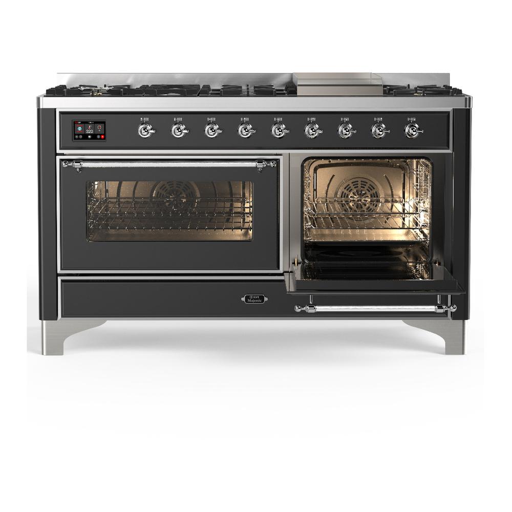 ILVE UM60FNR3MGC Majestic III 60 inch Dual Fuel Range with 9 Burners and Griddle, Dual Function Burner up to 25,000 BTU (Natural Gas, Triple Glass Door, Graphite Matte, Chrome)
