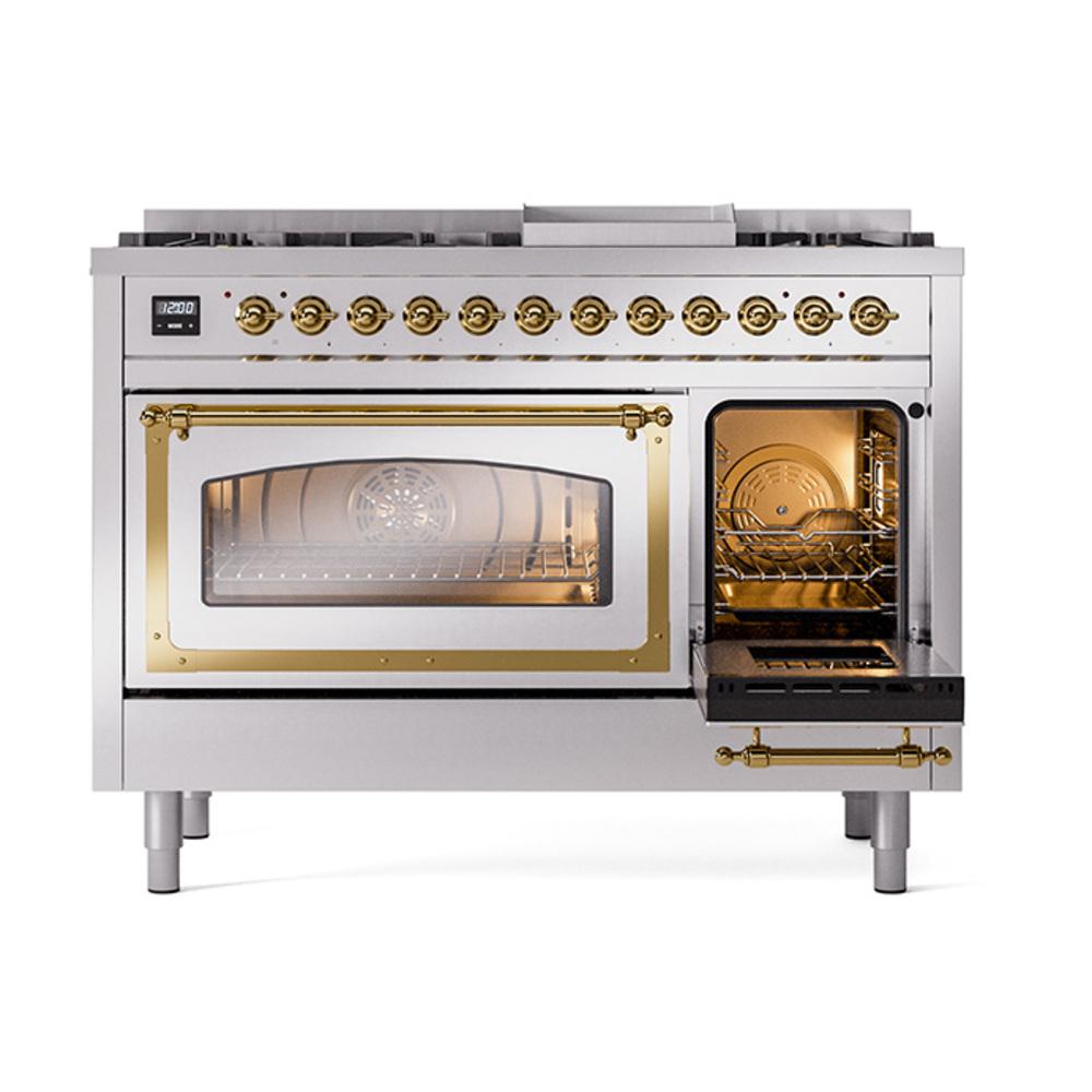 ILVE UN48FNMPSSGLP Nostalgie II Noblesse 48 inch Dual Fuel Range (8 Sealed Burners + Griddle, Liquid Propane, Triple Glass Door, Stainless Steel, Brass)
