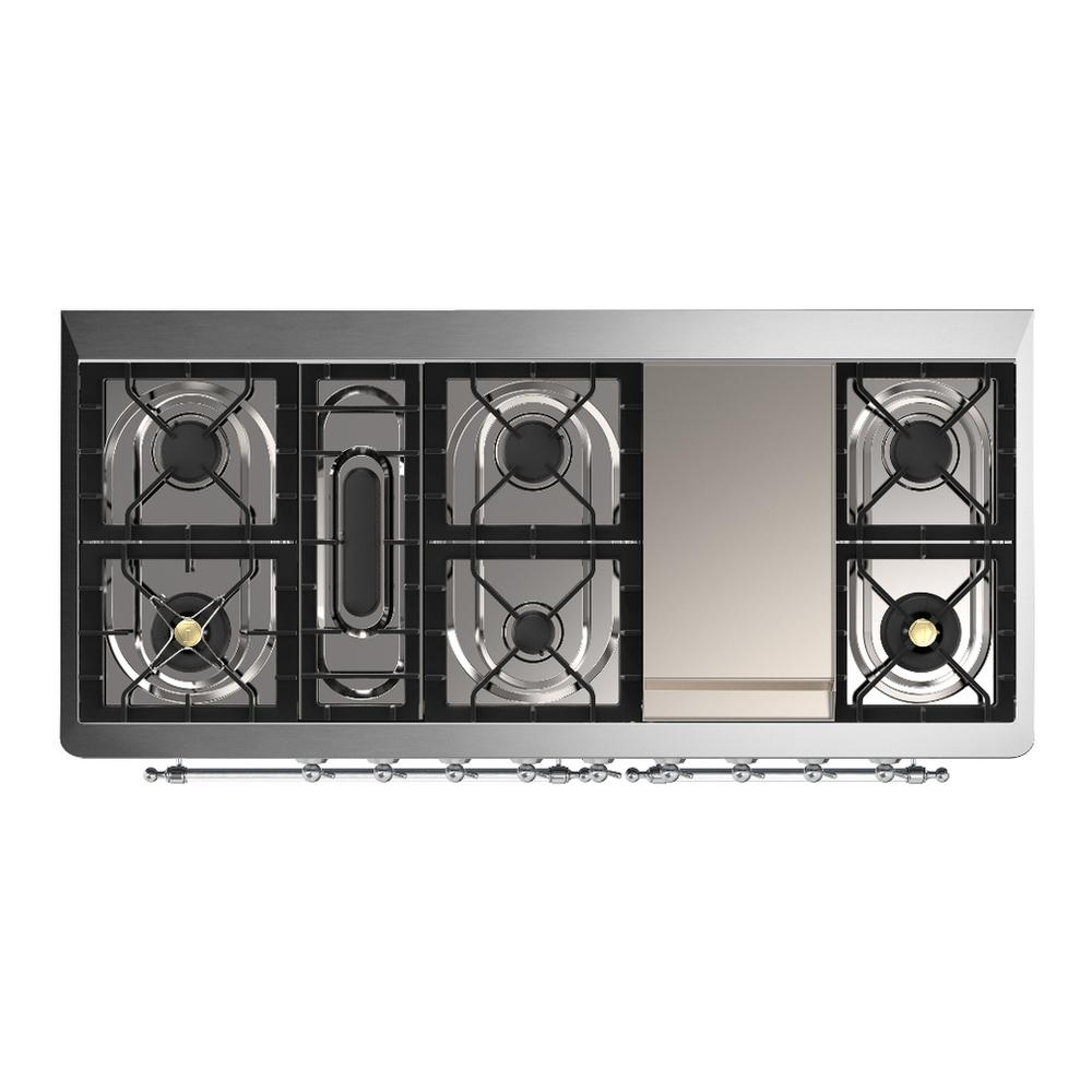 ILVE UM60FNR3AWCLP Majestic III 60 inch Dual Fuel Range with 9 Burners and Griddle, Dual Function Burner up to 25,000 BTU (Liquid Propane, Triple Glass Door, Antique White, Chrome)
