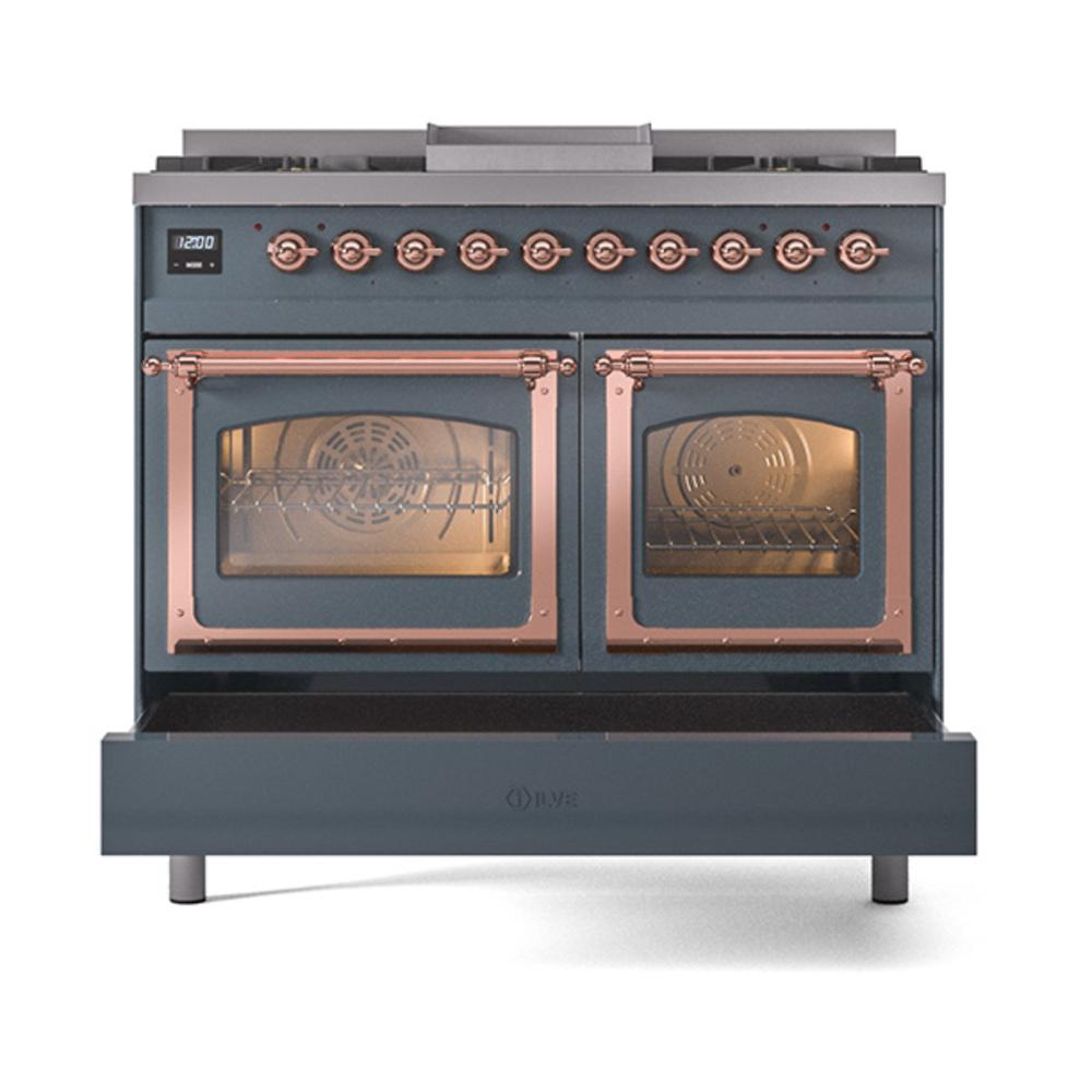 ILVE UND40FNMPBGPLP Nostalgie II Noblesse 40 inch Dual Fuel Range (Liquid Propane, Triple Glass Door, Blue Grey, Copper)