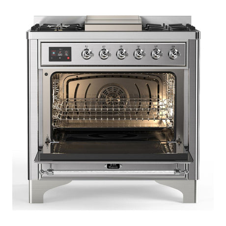 ILVE UM36FQNR3SSC Majestic III 36 inch Dual Fuel Range with 6 Black Brass Burners and Griddle, Dual Function Burner up to 25,000 BTU (Solid Door, Stainless Steel, Chrome, Natural Gas)