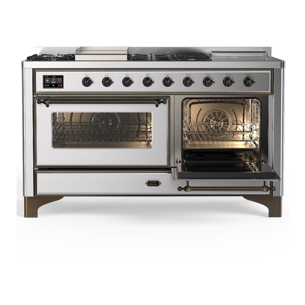 ILVE UM60FSNR3SSBLP Majestic III 60 inch Dual Fuel Range with 7 Burners, Griddle and French Top, Dual Function Burner with up to 25,000 BTU (Liquid Propane, Triple Glass Door, Stainless Steel, Burnished)