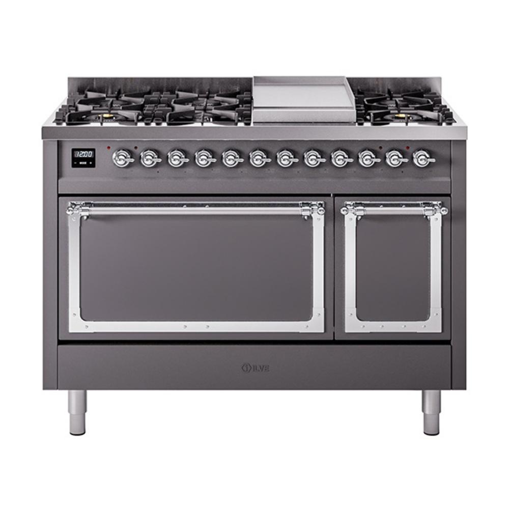 ILVE UN48FQNMPMGCLP Nostalgie II Noblesse 48 inch Dual Fuel Range (8 Sealed Burners + Griddle, Liquid Propane, Solid Door, Graphite Matte, Chrome)