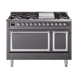 ILVE UN48FQNMPMGCLP Nostalgie II Noblesse 48 inch Dual Fuel Range (8 Sealed Burners + Griddle, Liquid Propane, Solid Door, Graphite Matte, Chrome)