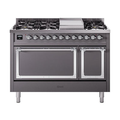 ILVE UN48FQNMPMGCLP Nostalgie II Noblesse 48 inch Dual Fuel Range (8 Sealed Burners + Griddle, Liquid Propane, Solid Door, Graphite Matte, Chrome)
