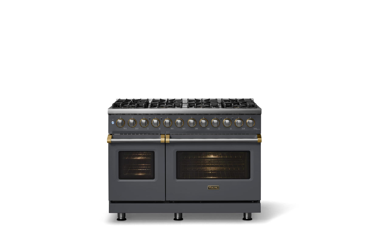 48"W. Dual Fuel Range (Burner: 8b, Finish: Cast Black, Trim: Brushed Brass, Fuel: Propane)