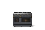 48"W. Dual Fuel Range (Burner: 8b, Finish: Cast Black, Trim: Brushed Brass, Fuel: Propane)