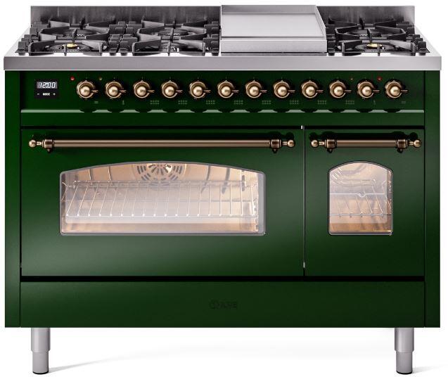Nostalgie II 48 Inch Dual Fuel Liquid Propane Freestanding Range in Emerald Green with Bronze Trim