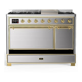 ILVE UM48FQNR3SSG Majestic III 48 inch Dual Fuel Range with 8 Burners and Griddle, Dual Function Burner up to 25,000 BTU (Natural Gas, Solid Door, Stainless Steel, Brass)