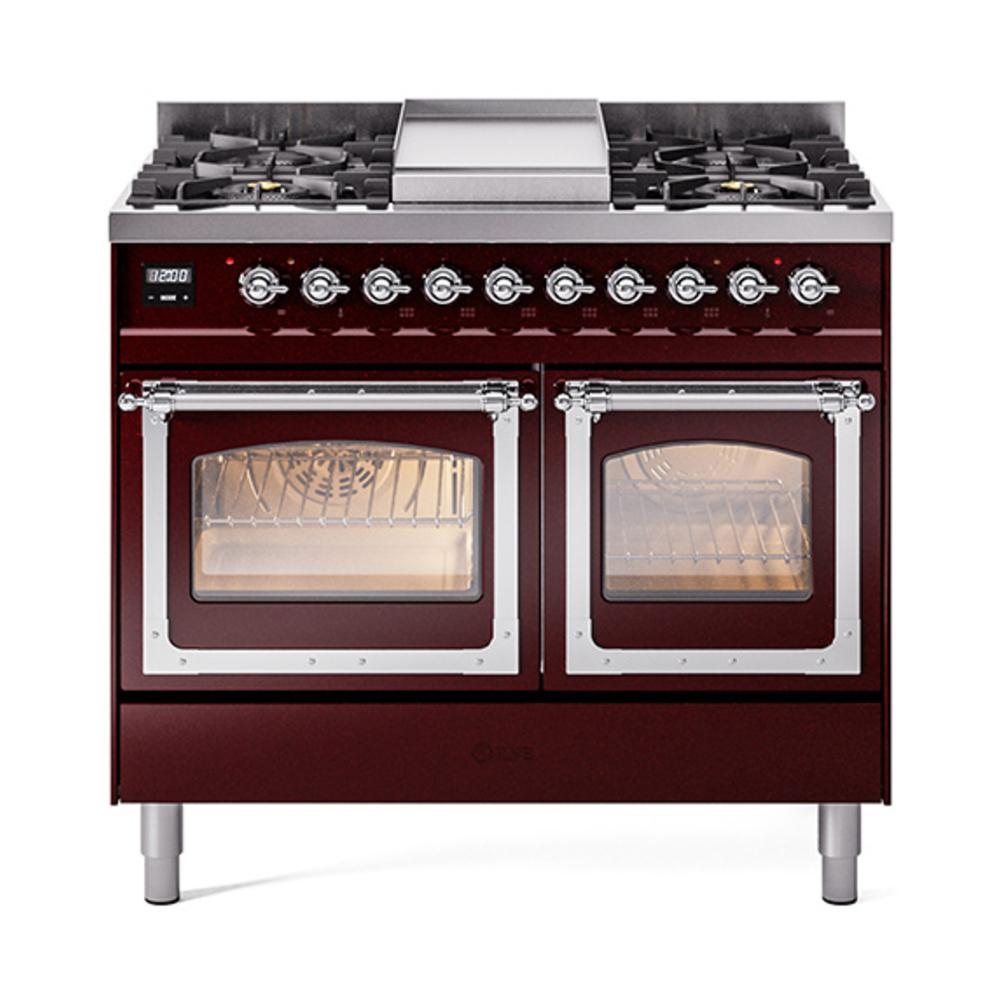 ILVE UND40FNMPBUCLP Nostalgie II Noblesse 40 inch Dual Fuel Range (Liquid Propane, Triple Glass Door, Burgundy, Chrome)