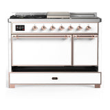 ILVE UM48FSQNR3WHP Majestic III 48 inch Dual Fuel Range with 5 Black Brass Burners, Griddle and French Top, Dual Function Burner up to 25,000 BTU (Natural Gas, Solid Door, White, Copper)