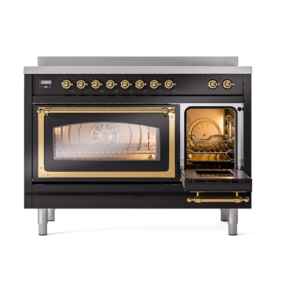 ILVE UNI486NMPBKG Nostalgie II Noblesse 48 inch Induction Range (Triple Glass Door, Glossy Black, Brass)