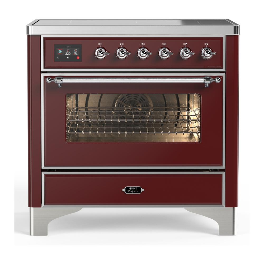 ILVE UMIB36NR3BUC Majestic III 36 inch Induction Range with 6 Elements, 3.5 cu. ft. Total Oven Capacity (Triple Glass Door, Burgundy, Chrome)