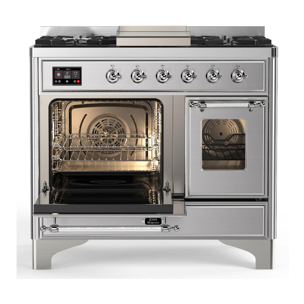 ILVE UMD40FNR3SSC Majestic III 40 inch Dual Fuel Range with 6 Burners and Griddle, Dual Function Burner up to 25,000 BTU (Natural Gas, Triple Glass Door, Stainless Steel, Chrome)