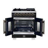 Forno Capriasca 30 Inch Freestanding French Door Dual Fuel Range in Black with Antique Brass Accessories, 5 Burners, True Convection Oven