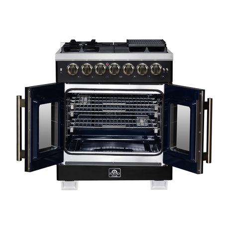 Forno Capriasca 30 Inch Freestanding French Door Dual Fuel Range in Black with Antique Brass Accessories, 5 Burners, True Convection Oven