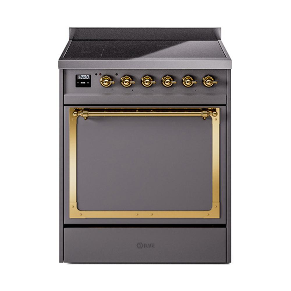 ILVE UNI304QNMPMGG Nostalgie II Noblesse 30 inch Induction Range (Solid Door, Graphite Matte, Brass)
