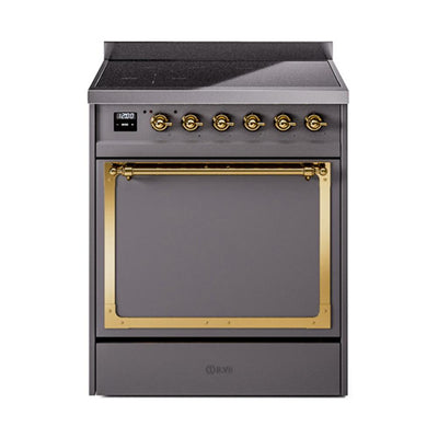 ILVE UNI304QNMPMGG Nostalgie II Noblesse 30 inch Induction Range (Solid Door, Graphite Matte, Brass)