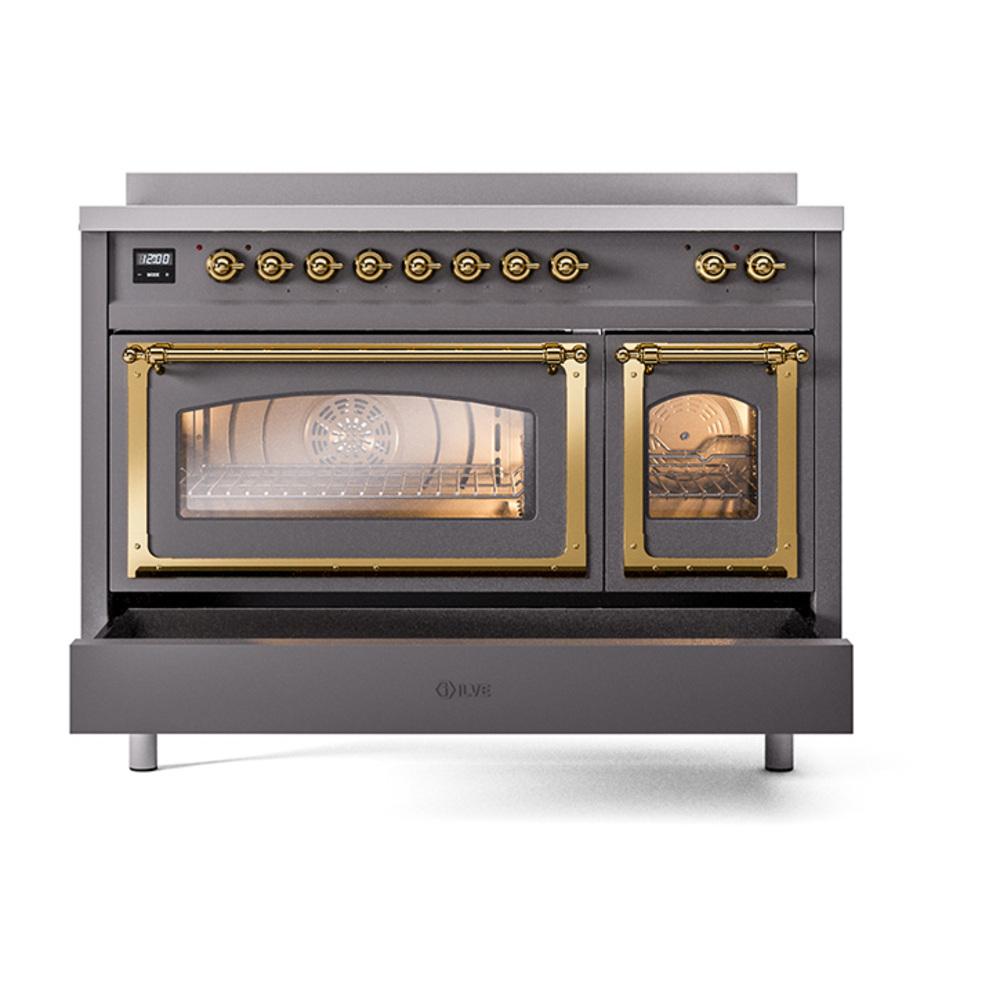 ILVE UNI486NMPMGG Nostalgie II Noblesse 48 inch Induction Range (Triple Glass Door, Graphite Matte, Brass)