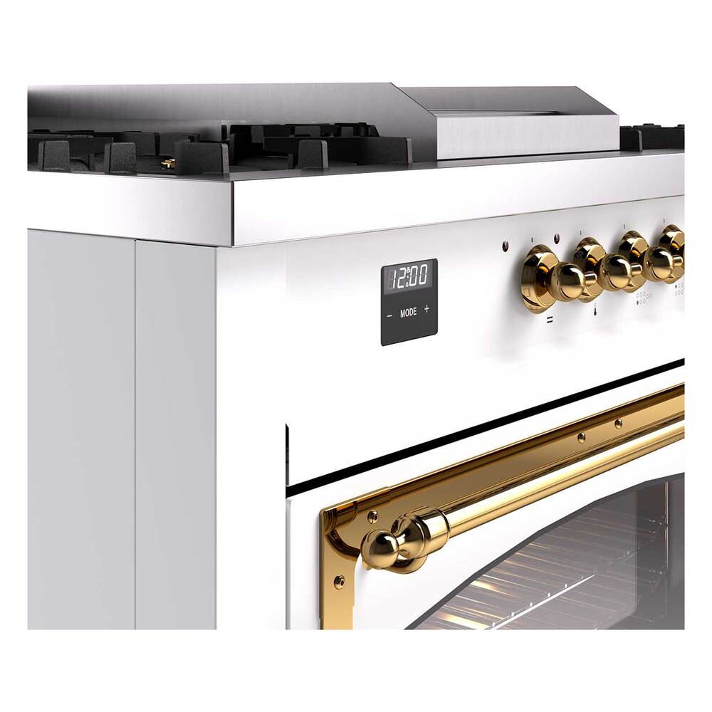 ILVE UN60FSNMPRAGLP Nostalgie II Noblesse 60 inch Dual Fuel Range (7 Sealed Burners + Griddle + French Top, Liquid Propane, Triple Glass Door, RAL, Brass)