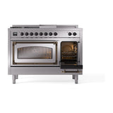 ILVE UN48FSNMPSSBLP Nostalgie II Noblesse 48 inch Dual Fuel Range (5 Sealed Burners + Griddle + French Top, Liquid Propane, Triple Glass Door, Stainless Steel, Burnished)
