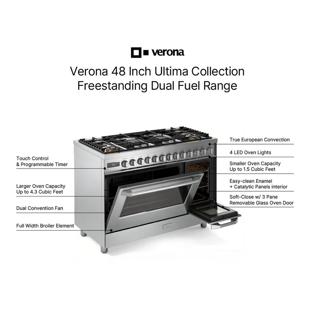 Verona VUFSGE486DSS 48 inch Ultima Collection Dual Fuel Range with 6 Brass Sealed Burners, 5.8 cu. ft. Oven Capacity, Digital Clock in Stainless Steel