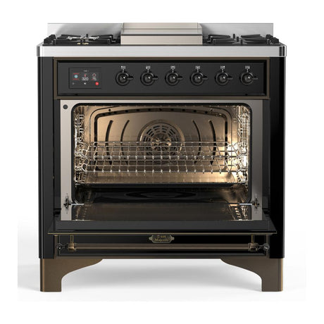 ILVE UM36FNR3BKBLP Majestic III 36 inch Dual Fuel Range with 6 Black Brass Burners and Griddle, Dual Function Burner up to 25,000 BTU (Triple Glass Door, Glossy Black, Burnished, Liquid Propane)