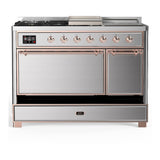 ILVE UM48FSQNR3SSP Majestic III 48 inch Dual Fuel Range with 5 Black Brass Burners, Griddle and French Top, Dual Function Burner up to 25,000 BTU (Natural Gas, Solid Door, Stainless Steel, Copper)