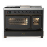 ILVE UM48FSNR3MGB Majestic III 48 inch Dual Fuel Range with 5 Black Brass Burners, Griddle and French Top, Dual Function Burner up to 25,000 BTU (Natural Gas, Triple Glass Door, Graphite Matte, Burnished)
