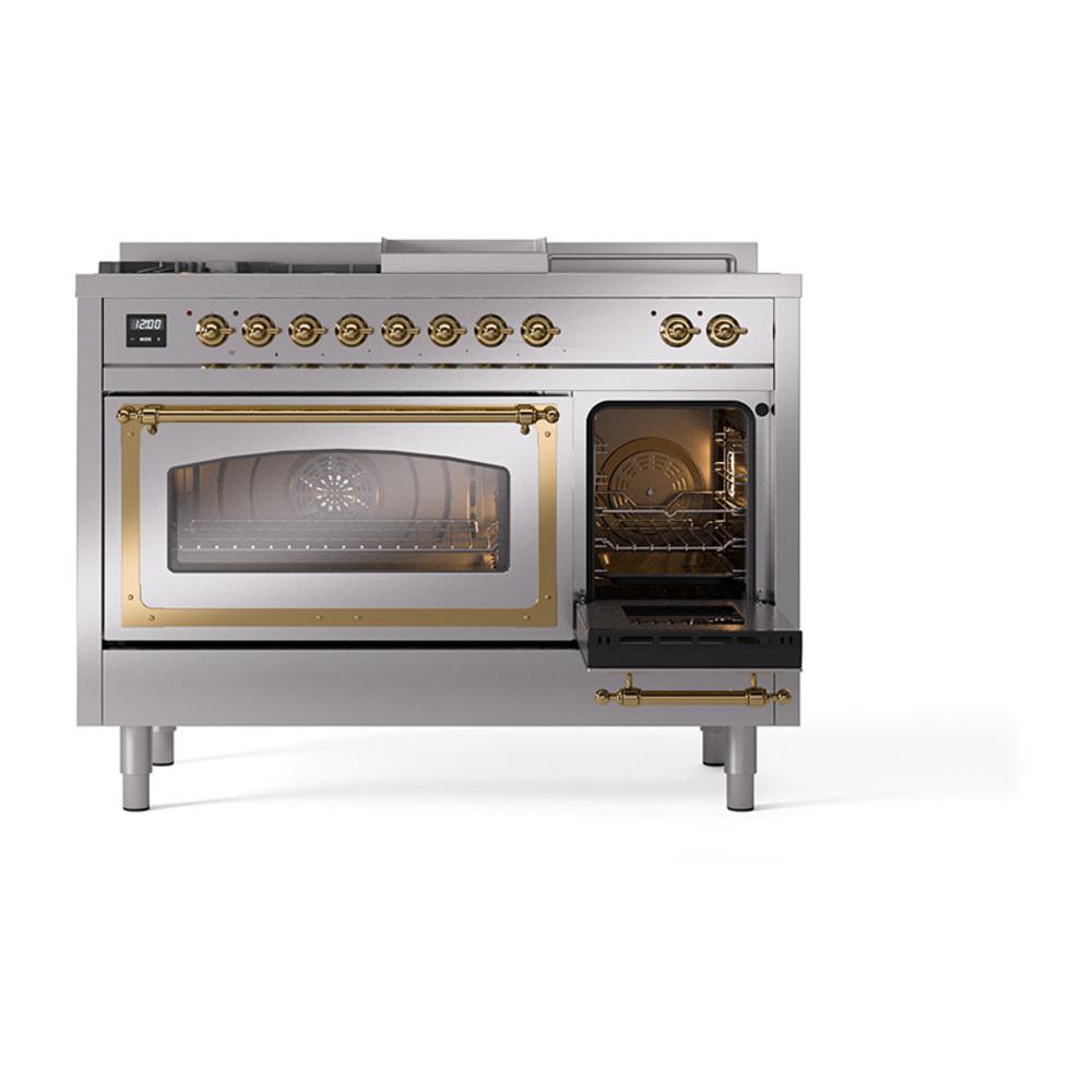 ILVE UN48FSNMPSSGLP Nostalgie II Noblesse 48 inch Dual Fuel Range (5 Sealed Burners + Griddle + French Top, Liquid Propane, Triple Glass Door, Stainless Steel, Brass)