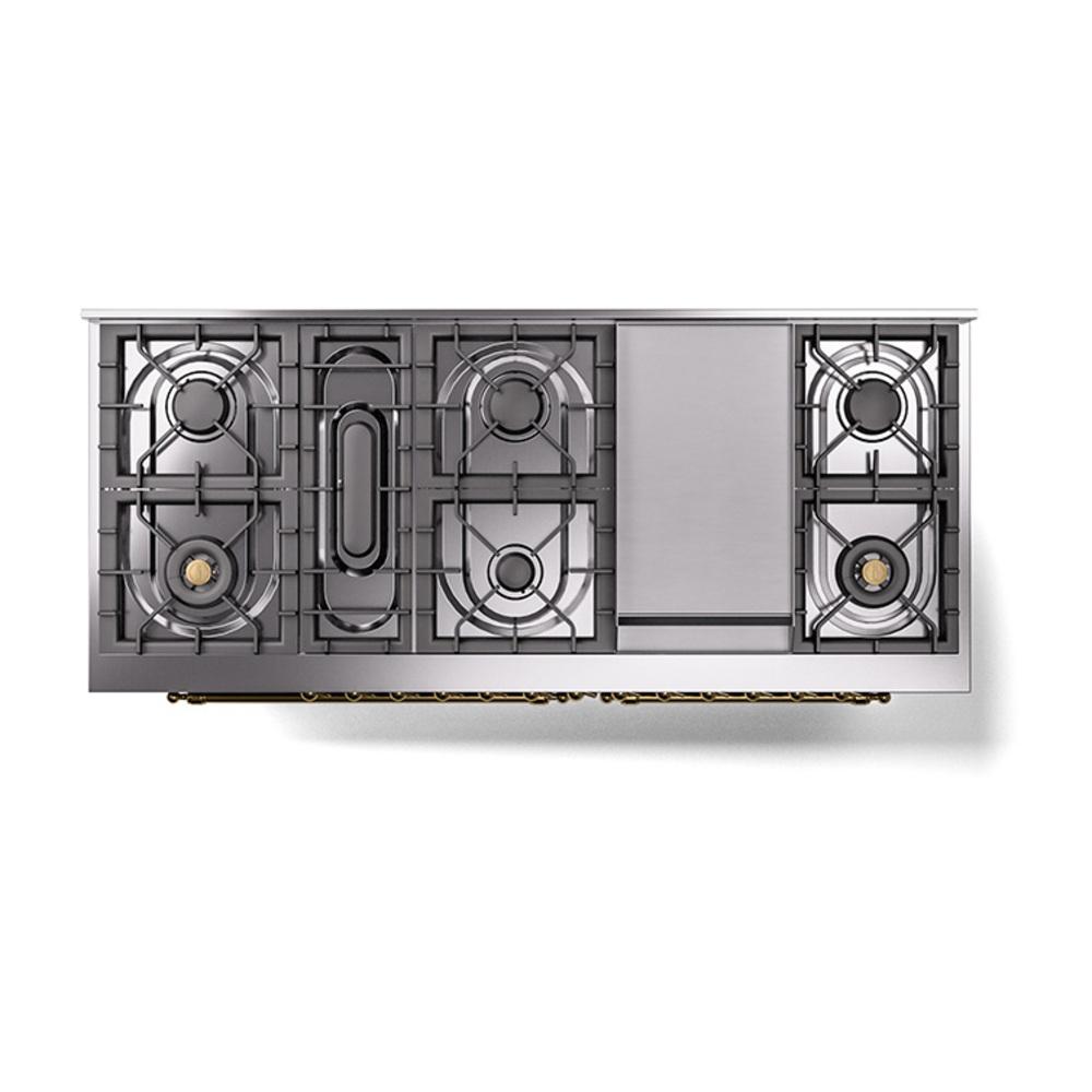 ILVE UN60FNMPMGGLP Nostalgie II Noblesse 60 inch Dual Fuel Range (9 Sealed Burners + Griddle, Liquid Propane, Triple Glass Door, Graphite Matte, Brass)