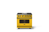 36"W. Dual Fuel Range (Burner: 4g, Finish: Daffodil, Trim: Brushed Brass, Fuel: Natural Gas)