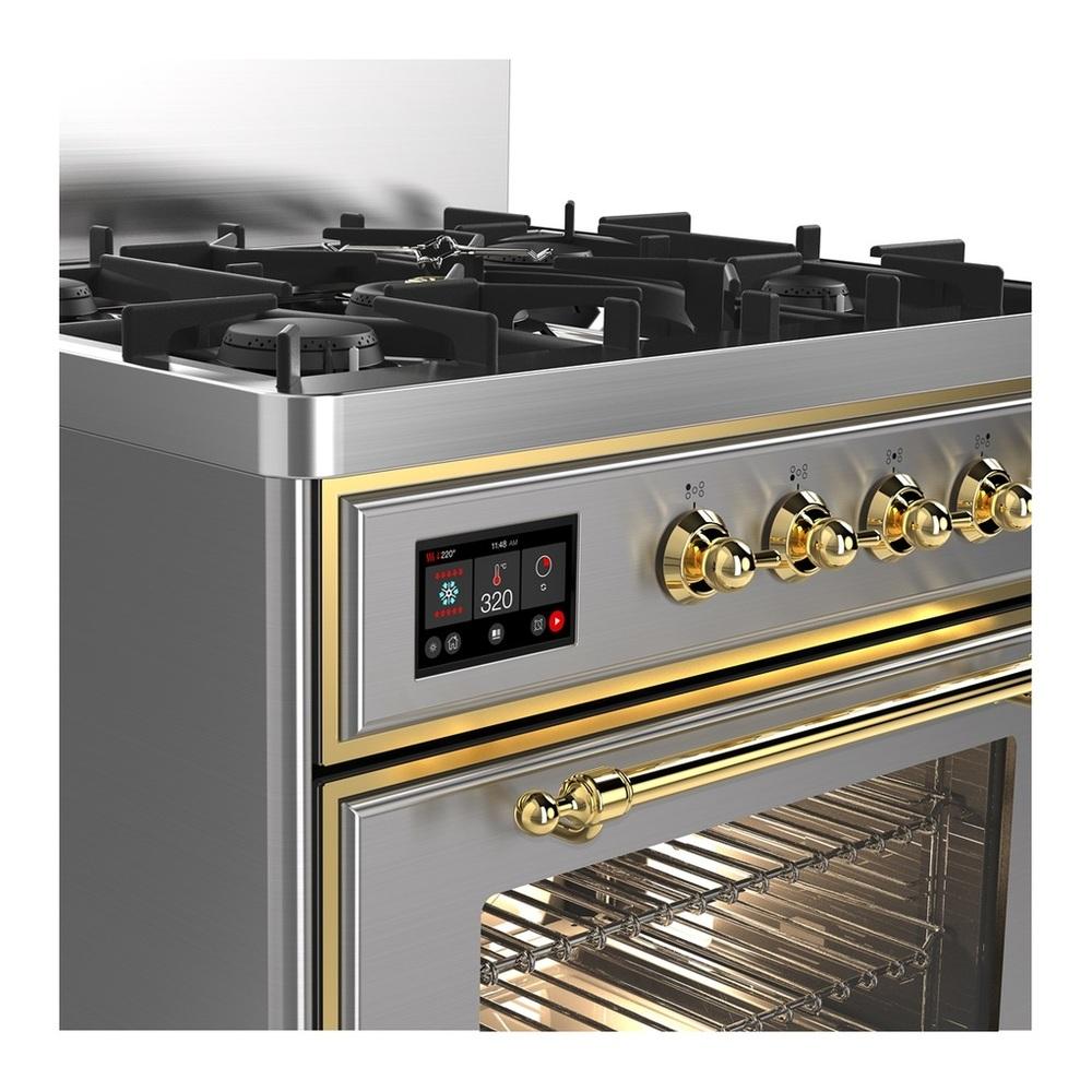 ILVE UM30NR3SSGLP Majestic III 30 inch Dual Fuel Range with 5 Black Brass Burners, Dual Function Burner up to 25,000 BTU (Liquid Propane, Triple Glass Door, Stainless Steel, Brass)