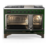 ILVE UM48FQNR3EGBLP Majestic III 48 inch Dual Fuel Range with 8 Burners and Griddle, Dual Function Burner up to 25,000 BTU (Liquid Propane, Solid Door, Emerald Green, Burnished)