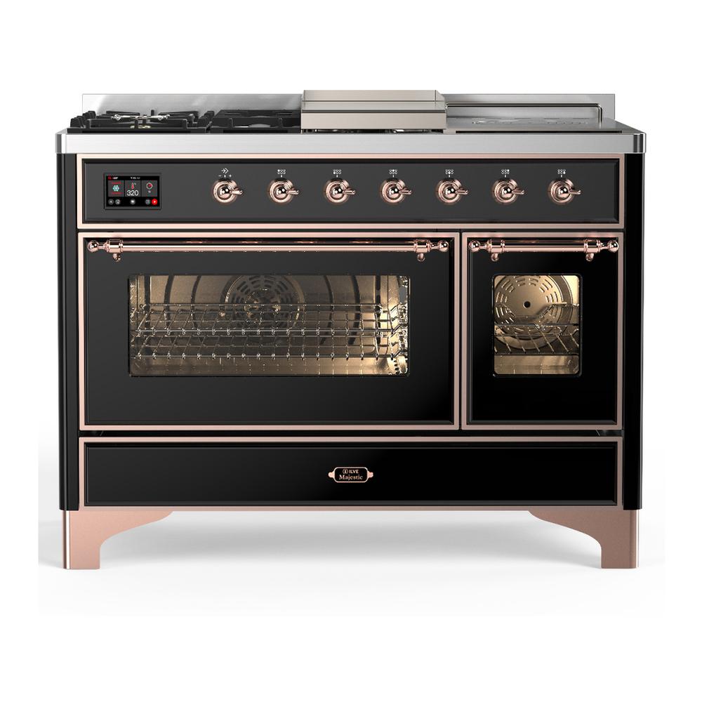 ILVE UM48FSNR3BKP Majestic III 48 inch Dual Fuel Range with 5 Black Brass Burners, Griddle and French Top, Dual Function Burner up to 25,000 BTU (Natural Gas, Triple Glass Door, Glossy Black, Copper)