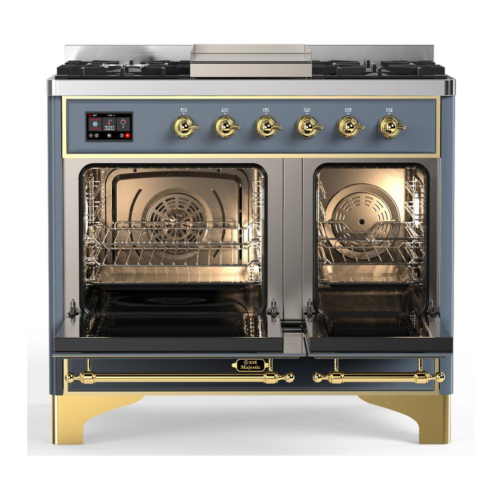 ILVE UMD40FQNR3BGG Majestic III 40 inch Dual Fuel Range with 6 Burners and Griddle, Dual Function Burner up to 25,000 BTU (Natural Gas, Solid Door, Blue Grey, Brass)