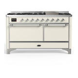 ILVE UM60FQNR3AWCLP Majestic III 60 inch Dual Fuel Range with 9 Burners and Griddle, Dual Function Burner up to 25,000 BTU (Liquid Propane, Solid Door, Antique White, Chrome)