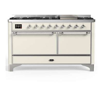 ILVE UM60FQNR3AWCLP Majestic III 60 inch Dual Fuel Range with 9 Burners and Griddle, Dual Function Burner up to 25,000 BTU (Liquid Propane, Solid Door, Antique White, Chrome)