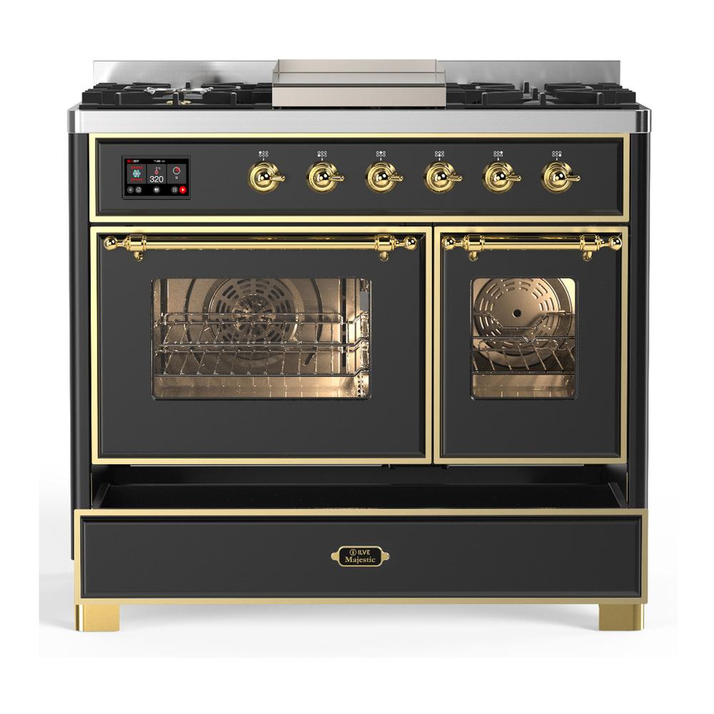 ILVE UMD40FNR3MGG Majestic III 40 inch Dual Fuel Range with 6 Burners and Griddle, Dual Function Burner up to 25,000 BTU (Natural Gas, Triple Glass Door, Graphite Matte, Brass)